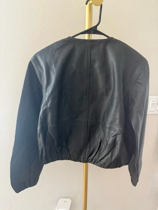 Quince 100% Leather Collarless Cropped Bubble Hem Jacket